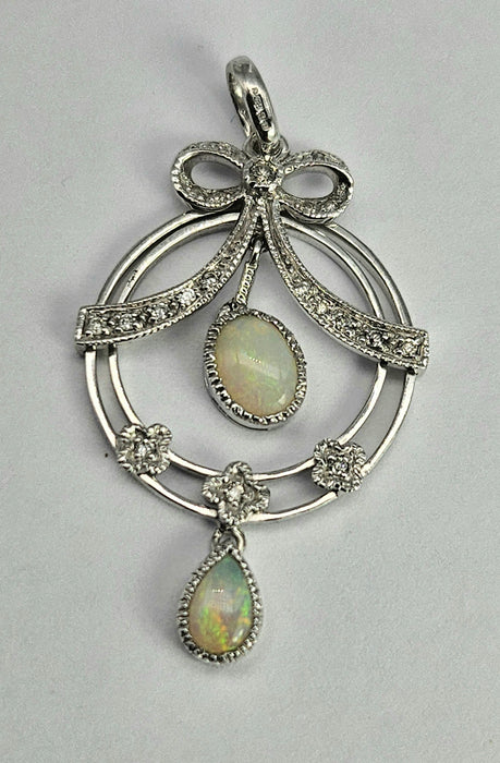 1740: Vintage: 9ct Gold White Opals Diamonds Pendulum Pendant- crisp, colourful, eye-candy