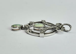1740: Vintage: 9ct Gold White Opals Diamonds Pendulum Pendant- crisp, colourful, eye-candy