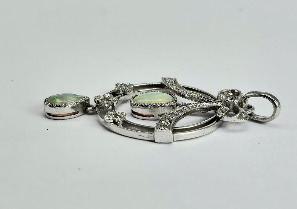1740: Vintage: 9ct Gold White Opals Diamonds Pendulum Pendant- crisp, colourful, eye-candy