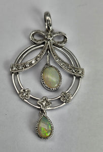 1740: Vintage: 9ct Gold White Opals Diamonds Pendulum Pendant- crisp, colourful, eye-candy