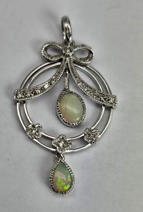 1740: Vintage: 9ct Gold White Opals Diamonds Pendulum Pendant- crisp, colourful, eye-candy