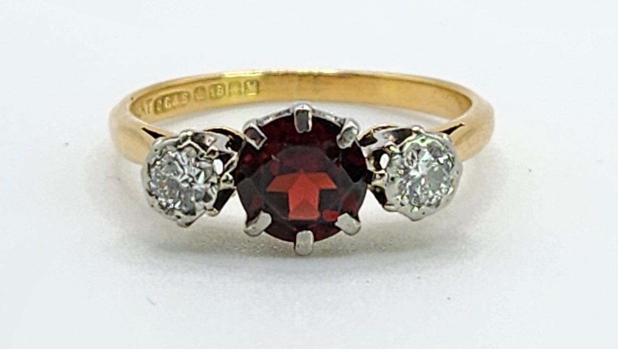 6360 Vintage: 18ct Gold Almandine Garnet Diamonds 3-Stone Straight Ring