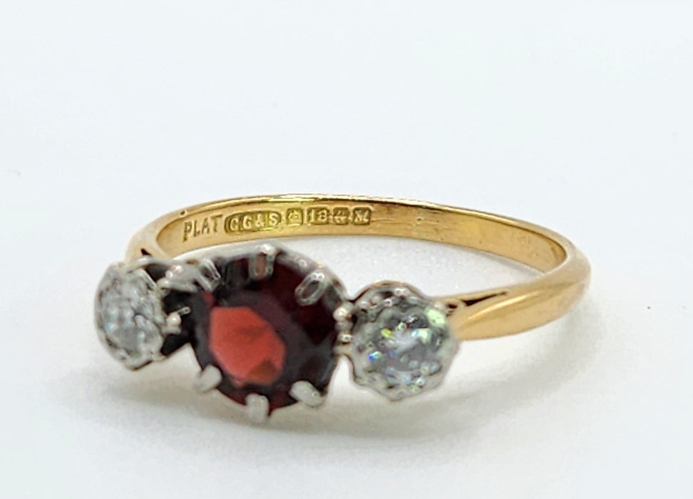 6360 Vintage: 18ct Gold Almandine Garnet Diamonds 3-Stone Straight Ring