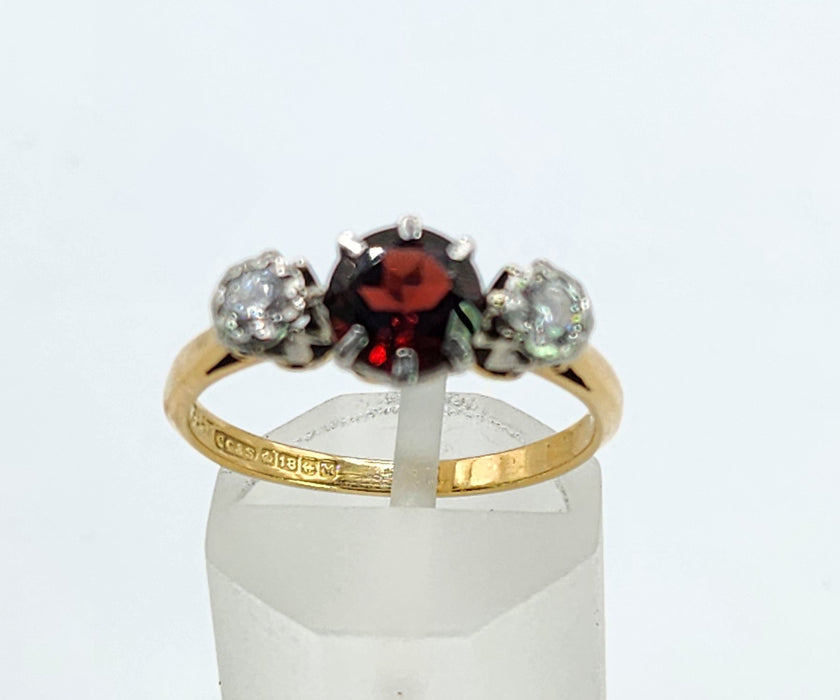6360 Vintage: 18ct Gold Almandine Garnet Diamonds 3-Stone Straight Ring