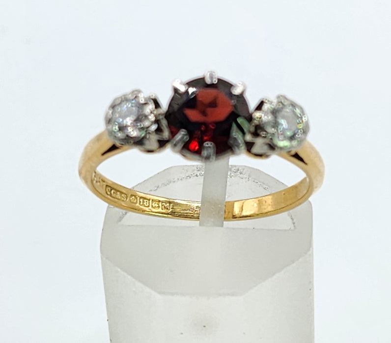 6360 Vintage: 18ct Gold Almandine Garnet Diamonds 3-Stone Straight Ring