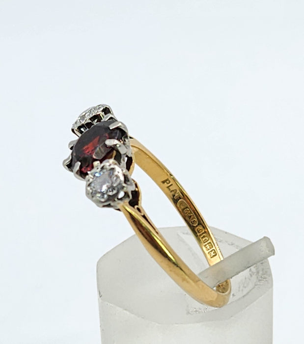 6360 Vintage: 18ct Gold Almandine Garnet Diamonds 3-Stone Straight Ring