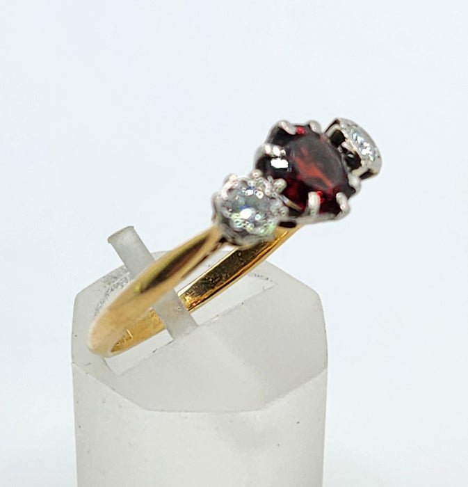 6360 Vintage: 18ct Gold Almandine Garnet Diamonds 3-Stone Straight Ring