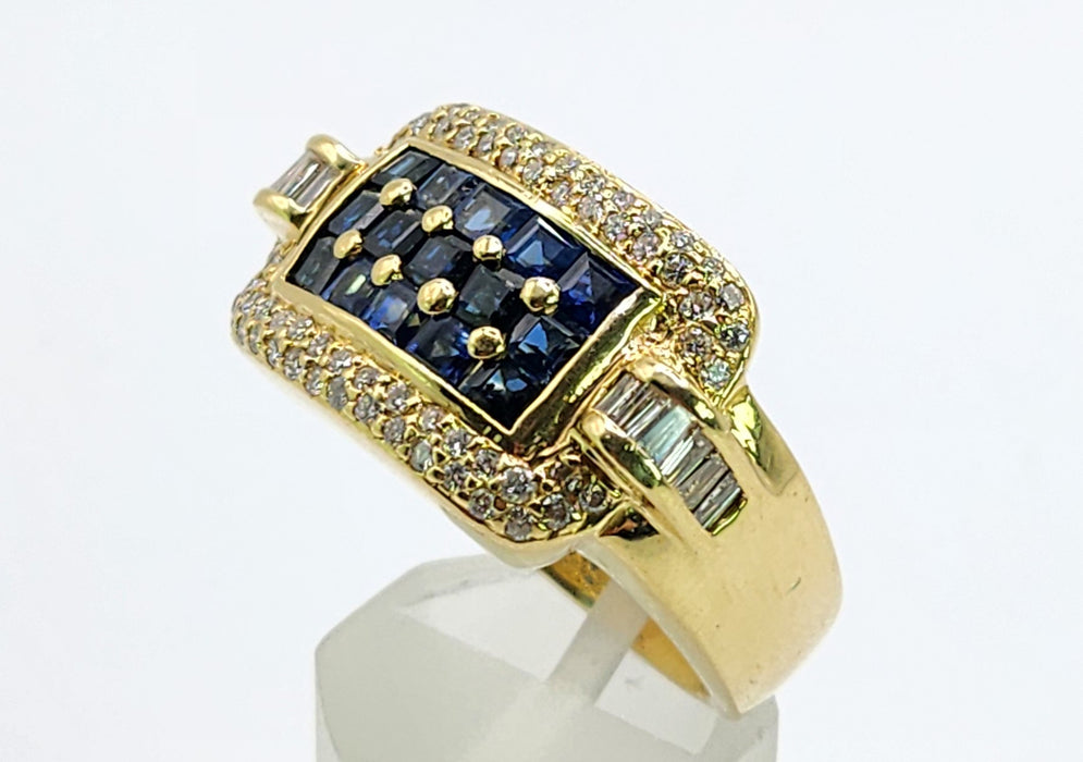 Vintage: 18ct Yellow Gold Blue Sapphire & Diamond Statement Ring