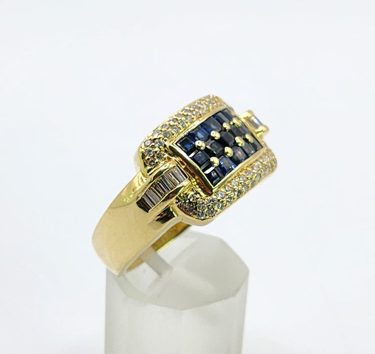 Vintage: 18ct Yellow Gold Blue Sapphire & Diamond Statement Ring