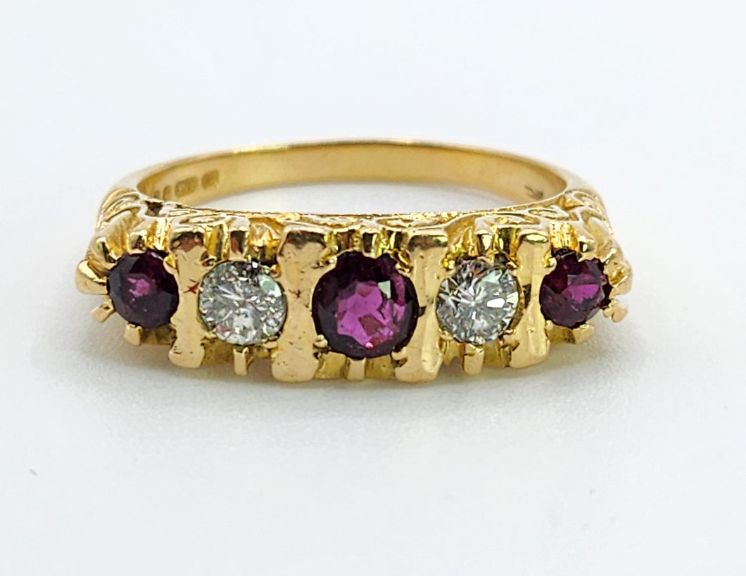 1713: Vintage: 18ct Gold Rubies Diamonds Ring- From London 1978