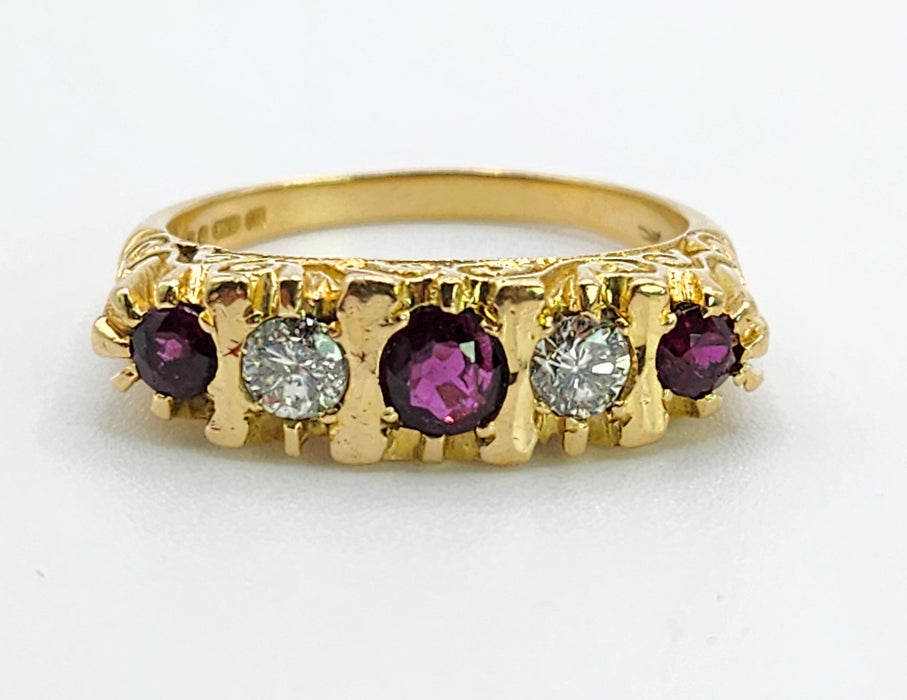6519 Vintage: 18ct Yellow Gold Ruby & Diamond Five-Stone Carved Half Hoop Ring — From 1978