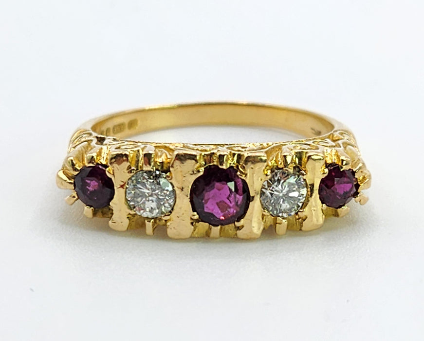 6519 Vintage: 18ct Yellow Gold Ruby & Diamond Five-Stone Carved Half Hoop Ring — From 1978
