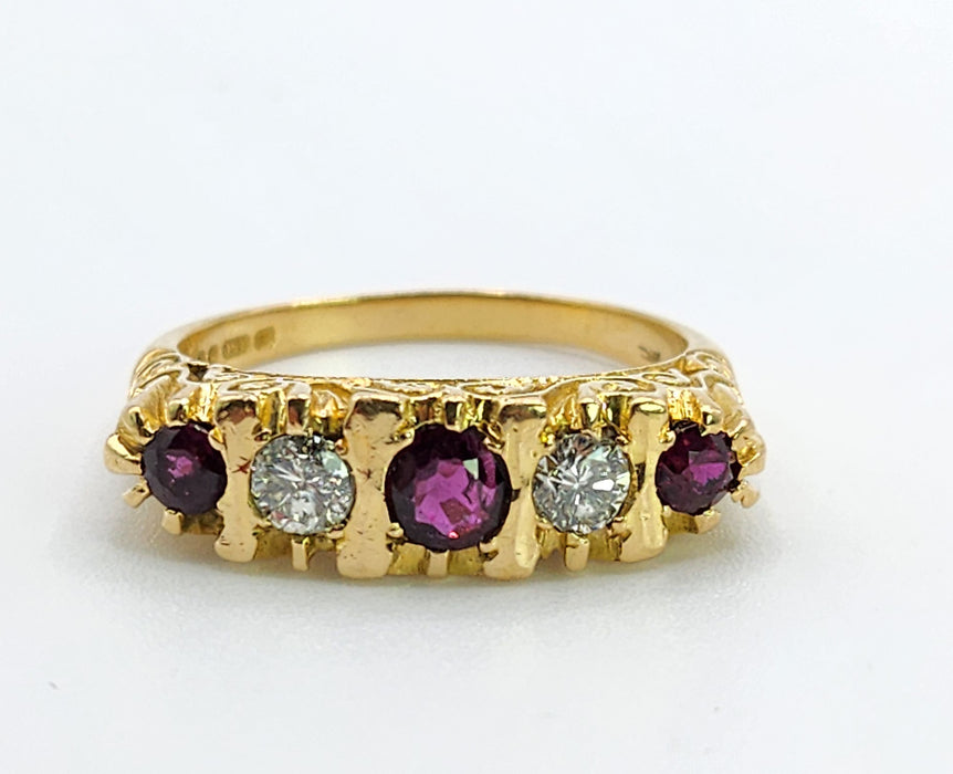 6519 Vintage: 18ct Yellow Gold Ruby & Diamond Five-Stone Carved Half Hoop Ring — From 1978