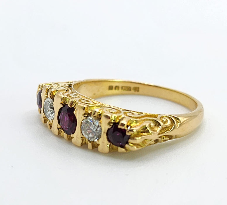 6519 Vintage: 18ct Yellow Gold Ruby & Diamond Five-Stone Carved Half Hoop Ring — From 1978