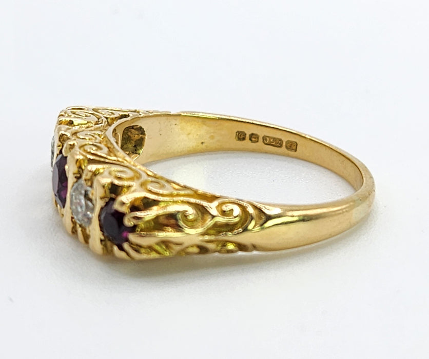 6519 Vintage: 18ct Yellow Gold Ruby & Diamond Five-Stone Carved Half Hoop Ring — From 1978