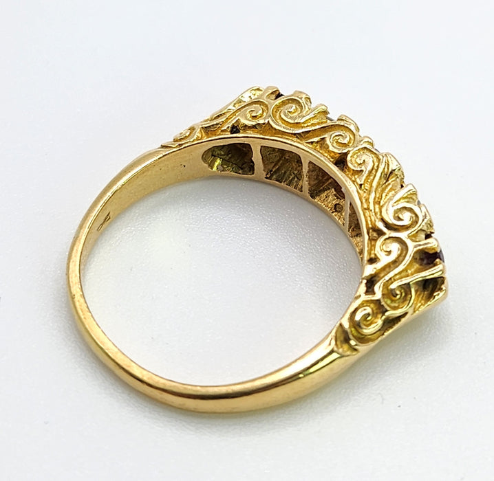 6519 Vintage: 18ct Yellow Gold Ruby & Diamond Five-Stone Carved Half Hoop Ring — From 1978