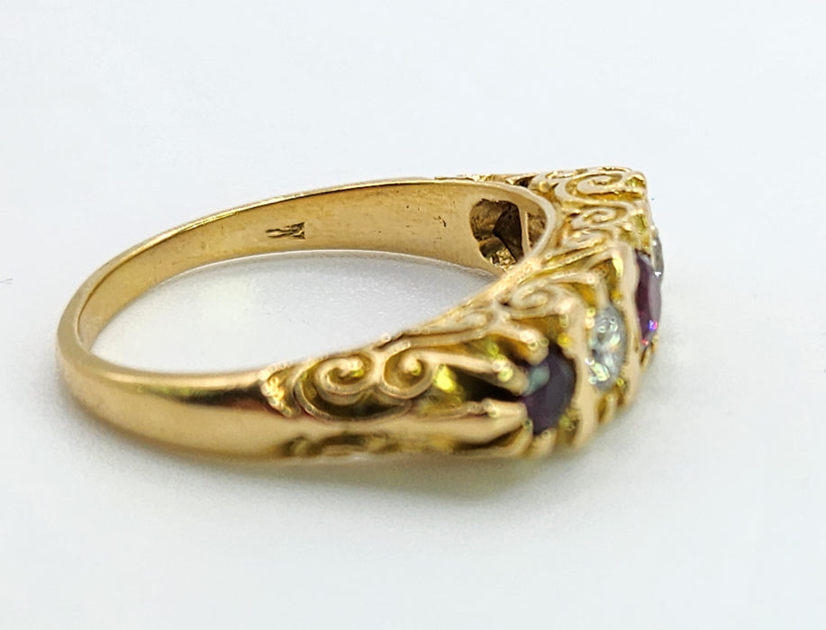 6519 Vintage: 18ct Yellow Gold Ruby & Diamond Five-Stone Carved Half Hoop Ring — From 1978