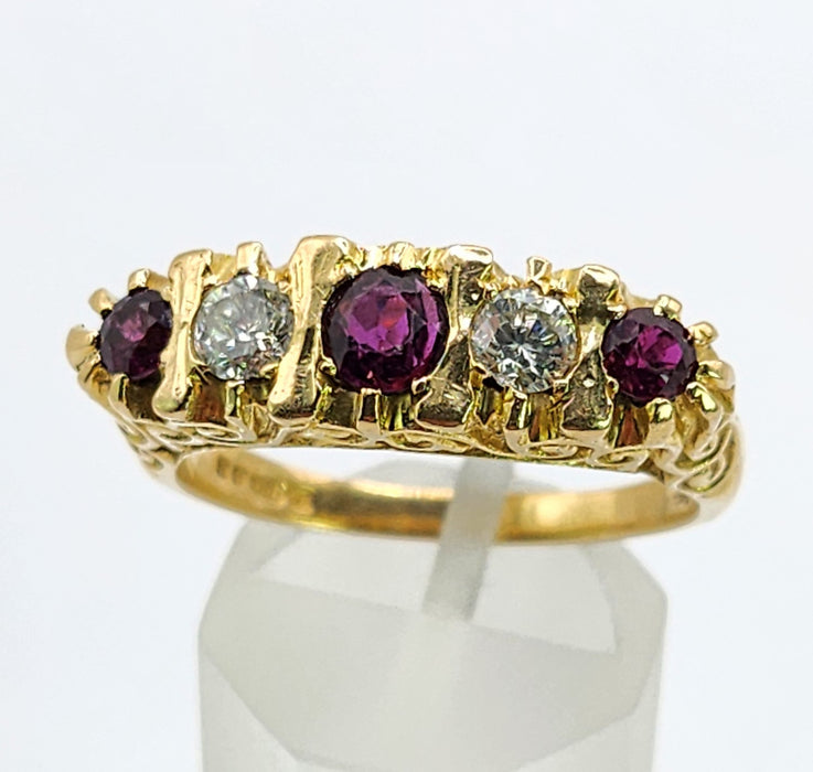 6519 Vintage: 18ct Yellow Gold Ruby & Diamond Five-Stone Carved Half Hoop Ring — From 1978