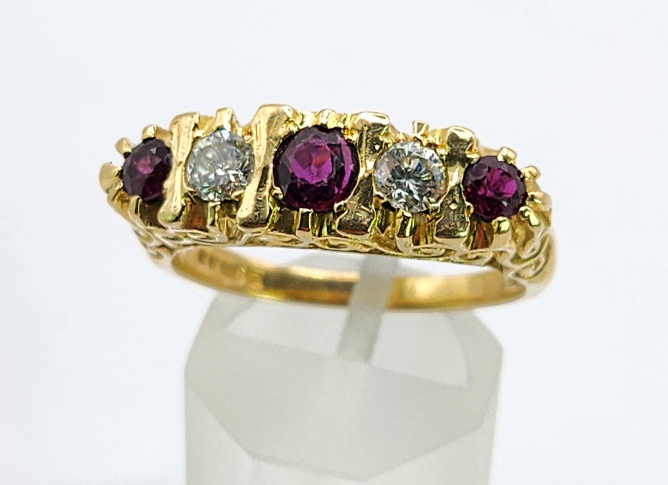 6519 Vintage: 18ct Yellow Gold Ruby & Diamond Five-Stone Carved Half Hoop Ring — From 1978