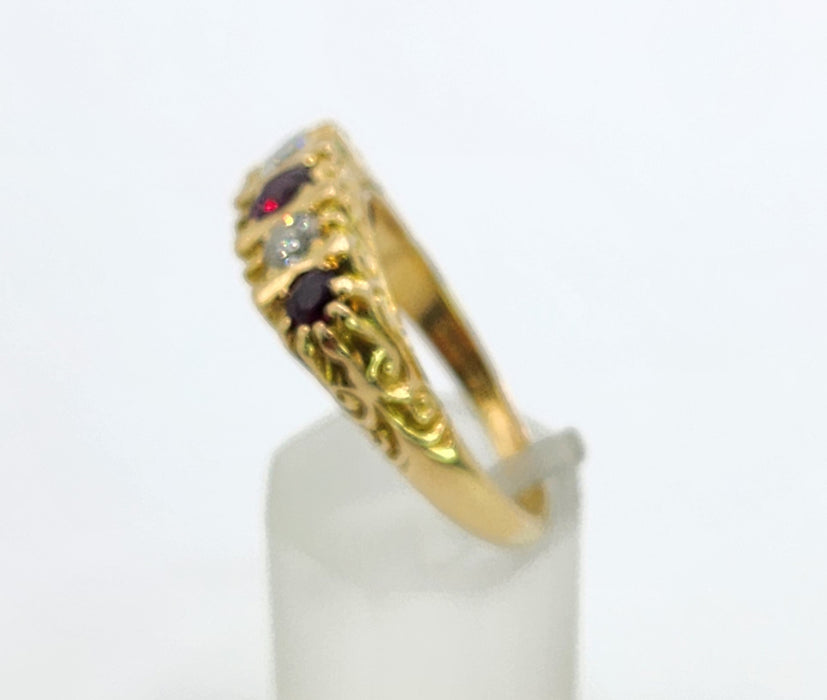 6519 Vintage: 18ct Yellow Gold Ruby & Diamond Five-Stone Carved Half Hoop Ring — From 1978