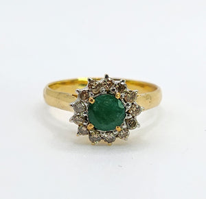 1714 Vintage: 18ct Gold Emerald Diamonds Flowerhead Ring