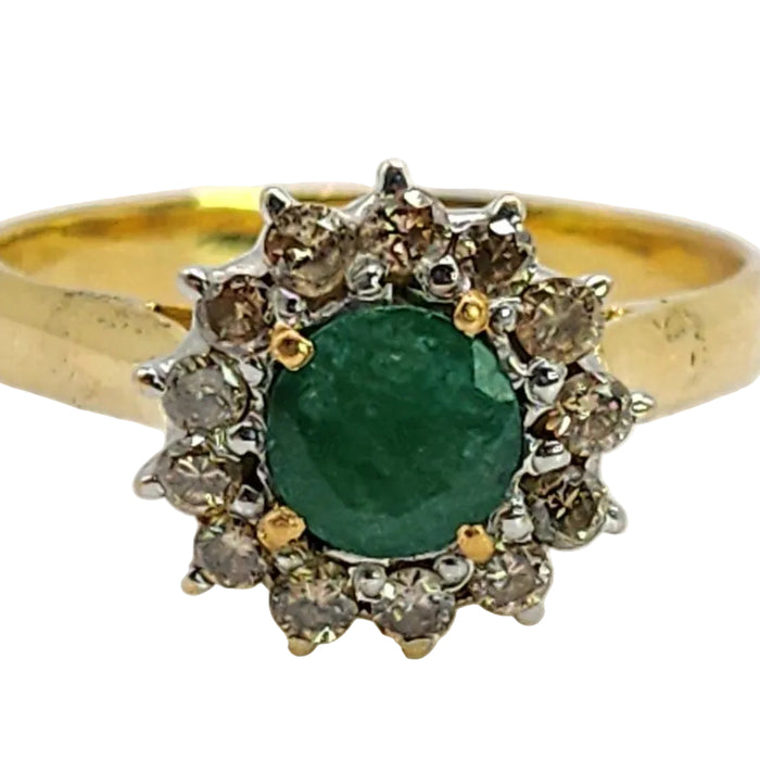 6520 Vintage: 18ct Yellow Gold Emerald & Diamond Round Cluster Ring