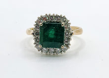 Load image into Gallery viewer, 1722: Vintage: 18ct Gold Emerald &amp; Diamonds Square Set Cocktail Ring- exceptional

