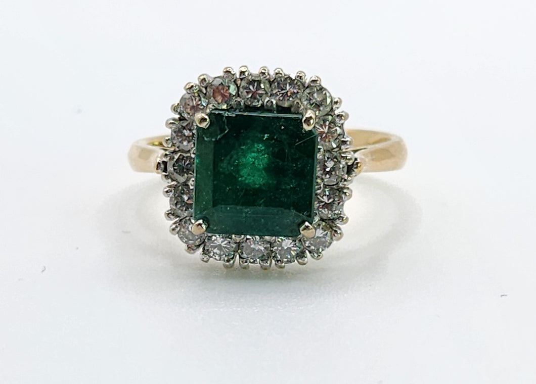 1722: Vintage: 18ct Gold Emerald & Diamonds Square Set Cocktail Ring- exceptional