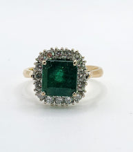 Load image into Gallery viewer, 1722: Vintage: 18ct Gold Emerald &amp; Diamonds Square Set Cocktail Ring- exceptional
