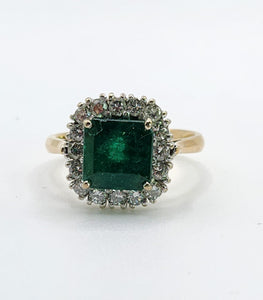 1722: Vintage: 18ct Gold Emerald & Diamonds Square Set Cocktail Ring- exceptional
