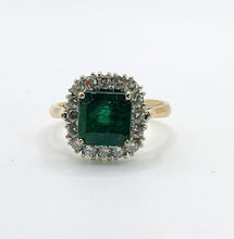 Load image into Gallery viewer, 1722: Vintage: 18ct Gold Emerald &amp; Diamonds Square Set Cocktail Ring- exceptional
