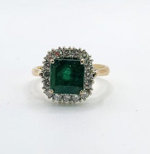 1722: Vintage: 18ct Gold Emerald & Diamonds Square Set Cocktail Ring- exceptional