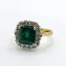 Load image into Gallery viewer, 1722: Vintage: 18ct Gold Emerald &amp; Diamonds Square Set Cocktail Ring- exceptional
