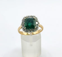 Load image into Gallery viewer, 1722: Vintage: 18ct Gold Emerald &amp; Diamonds Square Set Cocktail Ring- exceptional
