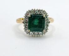 Load image into Gallery viewer, 1722: Vintage: 18ct Gold Emerald &amp; Diamonds Square Set Cocktail Ring- exceptional
