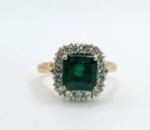 1722: Vintage: 18ct Gold Emerald & Diamonds Square Set Cocktail Ring- exceptional