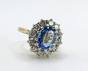 9094 : Vintage: Exceptional 18ct Gold Ceylon Blue Sapphire Diamonds Diana Cluster Ring- From 1982