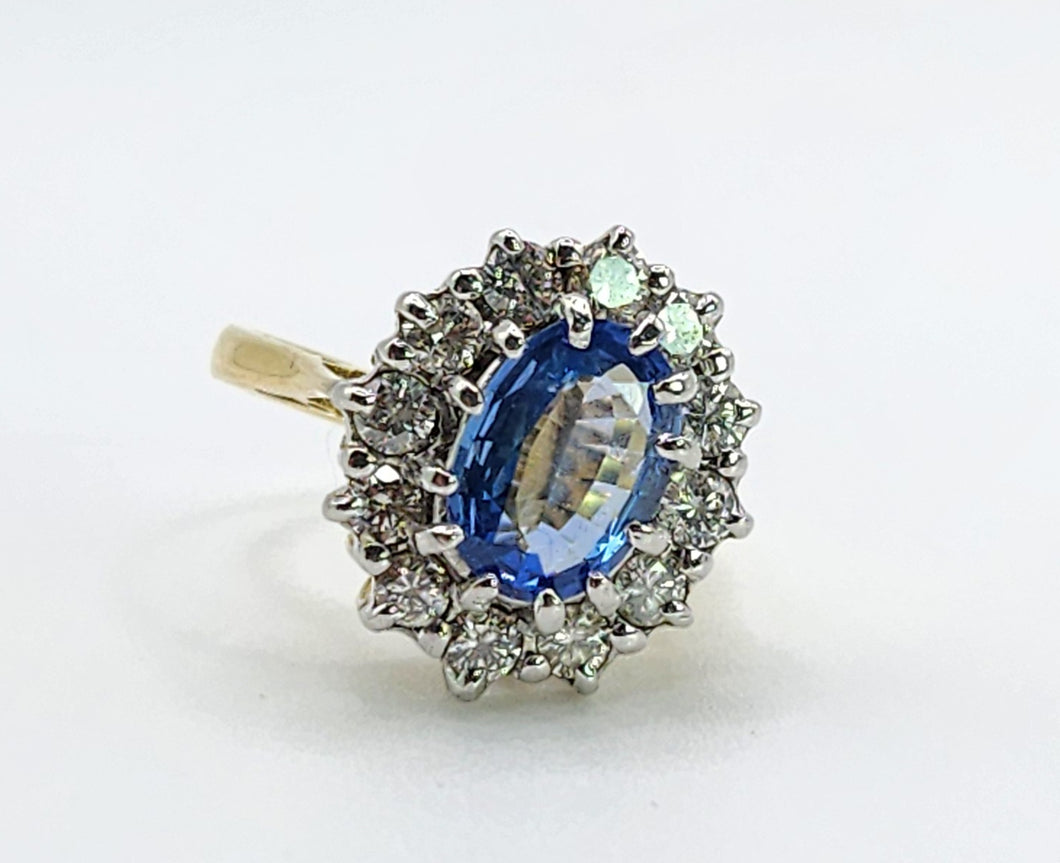 9094 : Vintage: Exceptional 18ct Gold Ceylon Blue Sapphire Diamonds Diana Cluster Ring- From 1982