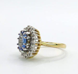 9094 : Vintage: Exceptional 18ct Gold Ceylon Blue Sapphire Diamonds Diana Cluster Ring- From 1982