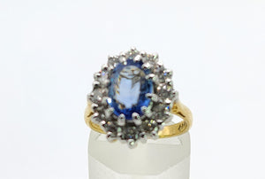 9094 : Vintage: Exceptional 18ct Gold Ceylon Blue Sapphire Diamonds Diana Cluster Ring- From 1982