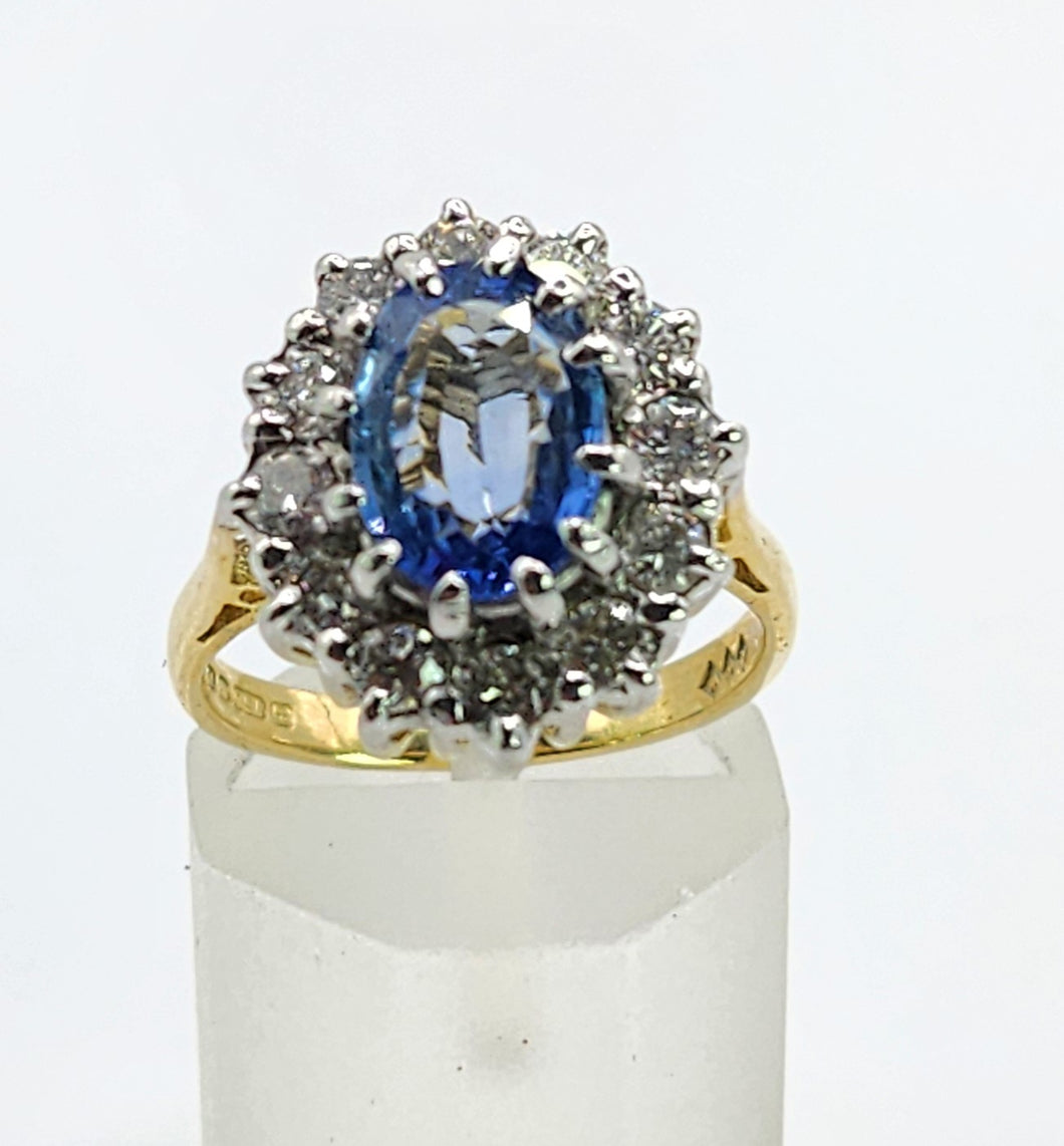 9094 : Vintage: Exceptional 18ct Gold Ceylon Blue Sapphire Diamonds Diana Cluster Ring- From 1982