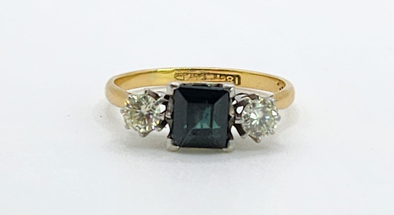 1598 Vintage: 18ct Yellow Gold & Platinum Sapphire & Diamond Three Stone Ring