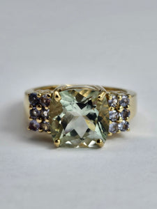 1522: Vintage: 9ct Gold Large Cushion Cut Mint Green Amethyst Tanzanites Cocktail Ring- exceptional