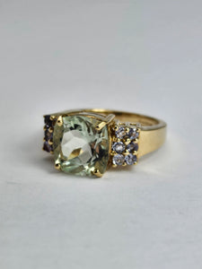 1522: Vintage: 9ct Gold Large Cushion Cut Mint Green Amethyst Tanzanites Cocktail Ring- exceptional