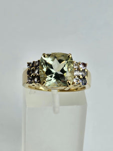 1522: Vintage: 9ct Gold Large Cushion Cut Mint Green Amethyst Tanzanites Cocktail Ring- exceptional