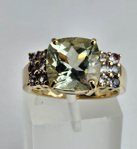 1522: Vintage: 9ct Gold Large Cushion Cut Mint Green Amethyst Tanzanites Cocktail Ring- exceptional