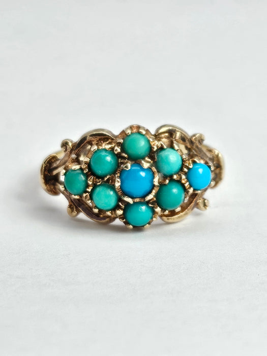 1523: Vintage: 9ct Gold 9 Turquoise Cluster Ring- From Edinburgh 1975