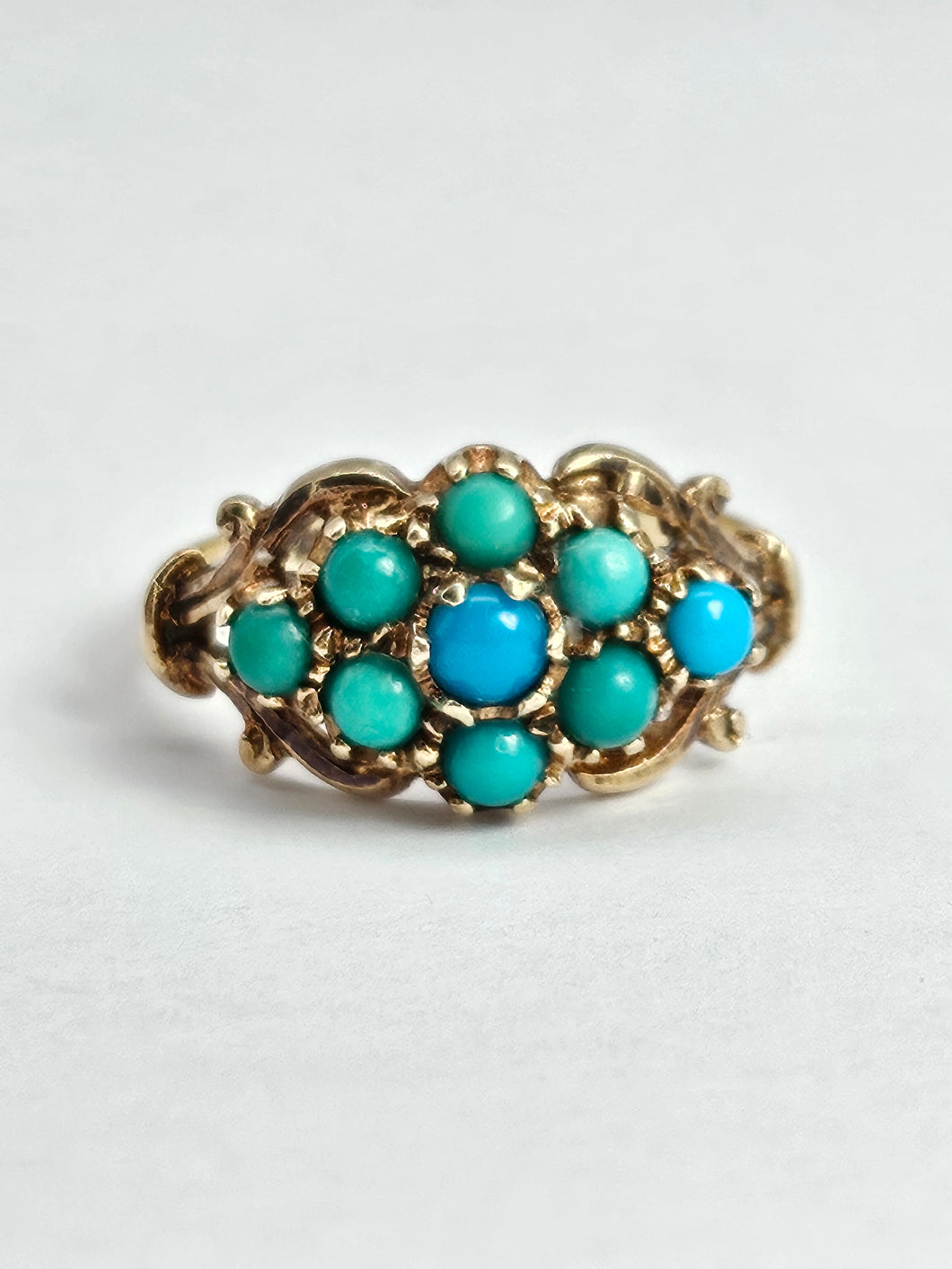 1523: Vintage: 9ct Gold 9 Turquoise Cluster Ring- From Edinburgh 1975
