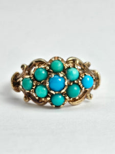1523: Vintage: 9ct Gold 9 Turquoise Cluster Ring- From Edinburgh 1975