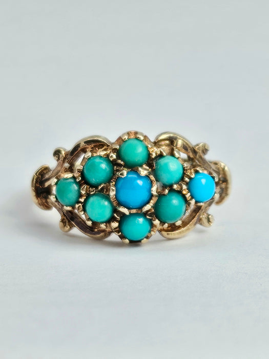 Vintage: 9ct Yellow Gold Turquoise Cluster Ring — From 1975